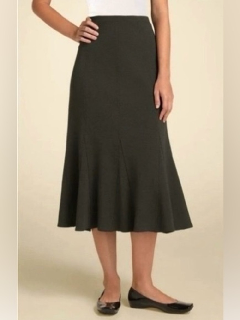 Eileen Fisher Godet Tulip Midi Skirt Flared Hem Brown Wool Blend